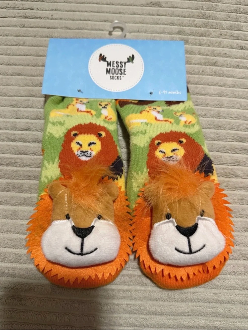 Messy Moose Kids' Green Lion Gripper Socks with Orange 3D Mane